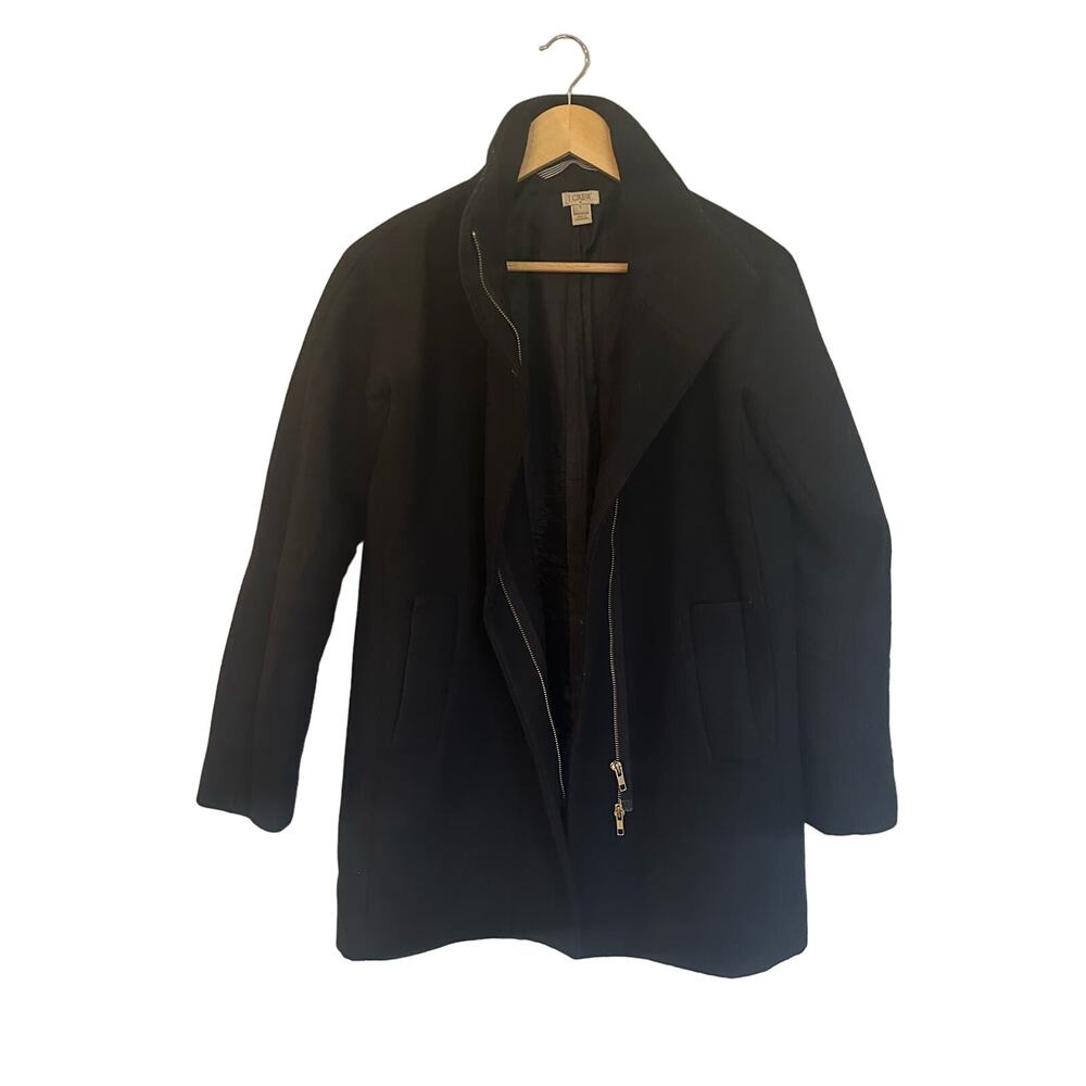 J.Crew Black Wool Blend City Coat Size 0 Double Zip Funnel Neck